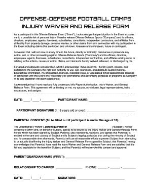 Printable generic motorcycle ride waiver form - OFFENSE-DEFENSE FOOTBALL CAMPS INJURY WAIVER AND RELEASE FORM