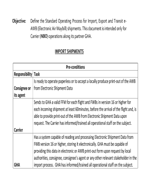 Define the Standard Operating Process for Import, Export and Transit eAWB (Electronic Air Waybill) shipments
