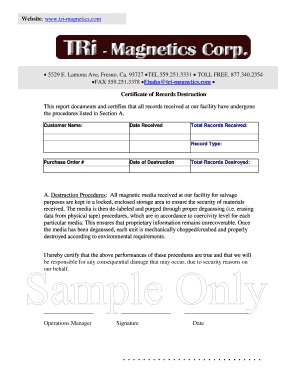 Certificate of Records Destruction - tri-magnetics.com
