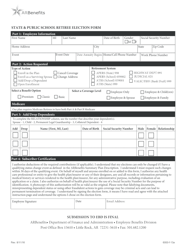 Fillable Online portal arbenefits STATE & PUBLIC SCHOOL RETIREE