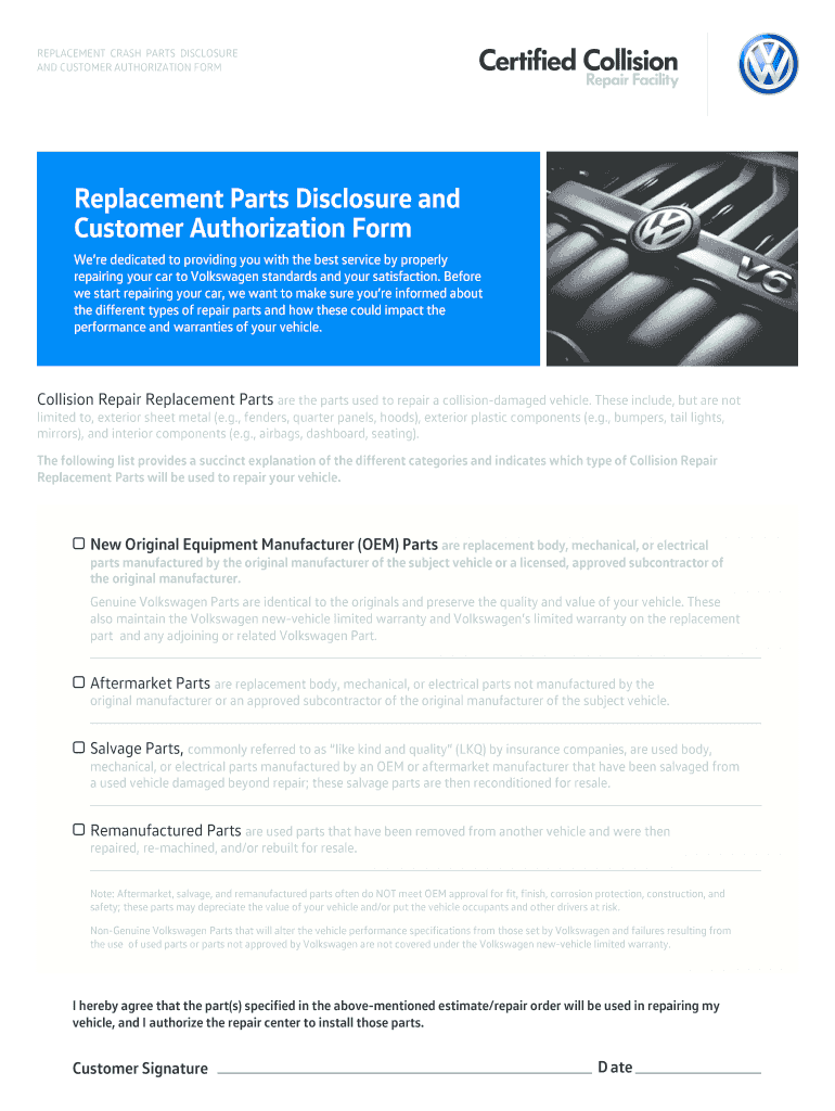 Fillable Online ReplacementParts Disclosure and Customer Authorization