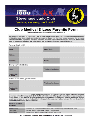 Club Medical &amp; Loco Parentis Form - stevenagejudoclub co