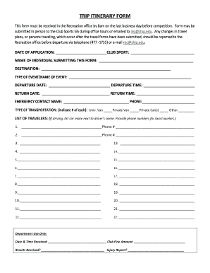 fillable online trip itinerary form ship edu fax email print