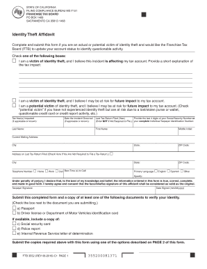 Form 10439 - FTB 3552 - Identity Theft Affidavit. Identity Theft Affidavit