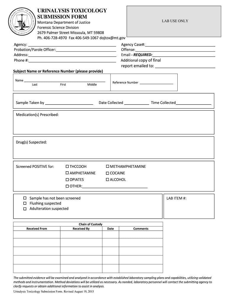 Fillable Online URINALYSIS TOXICOLOGY SUBMISSION FORM LAB USE ONLY Fax