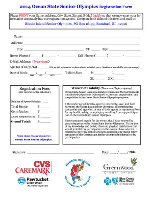2014 Ocean State Senior Olympics Registration Form - Fusesport