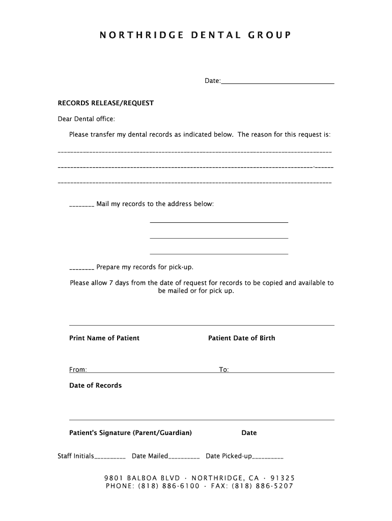 Fillable Online Authorization for Release of Dental Records and Xrays