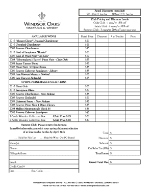 order form wine
Fillable Online Wine Order Form - Windsor Oaks Vineyards ... order form wine
Fillable Online Wine Order Form - Windsor Oaks Vineyards ...