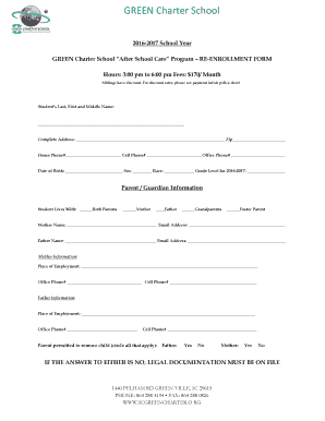 GREEN Charter School After School Care Program RE-ENROLLMENT FORM - scgreencharter
