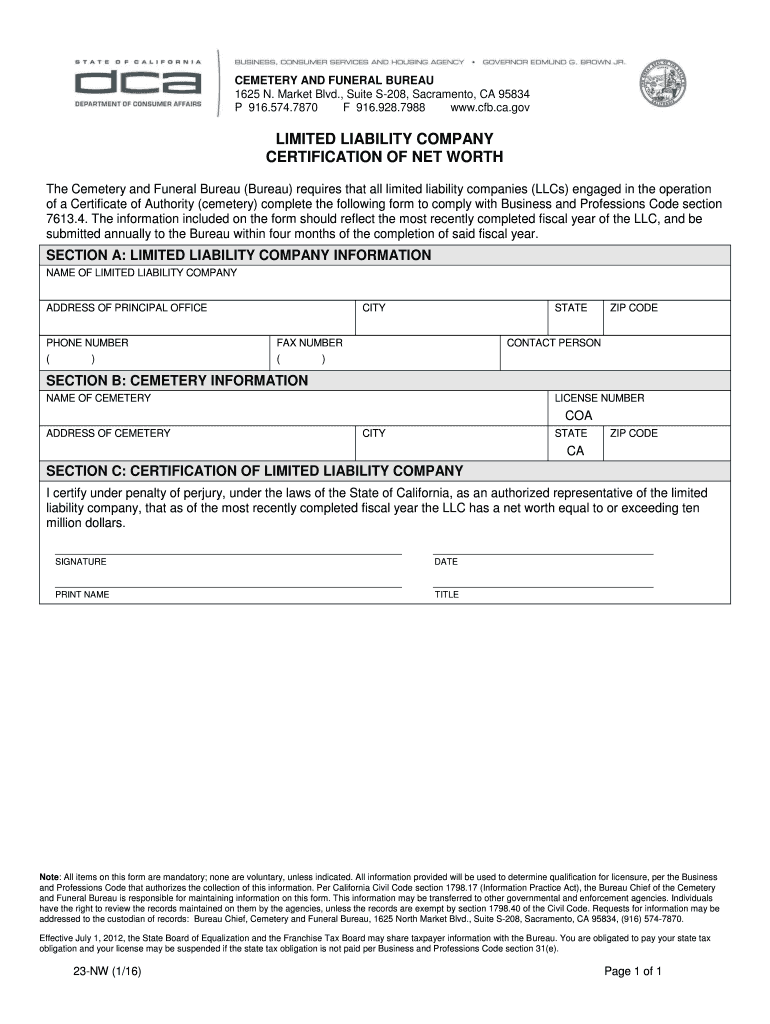 Fillable Online cfb ca LLC Certification of Net Worth Cemetery and