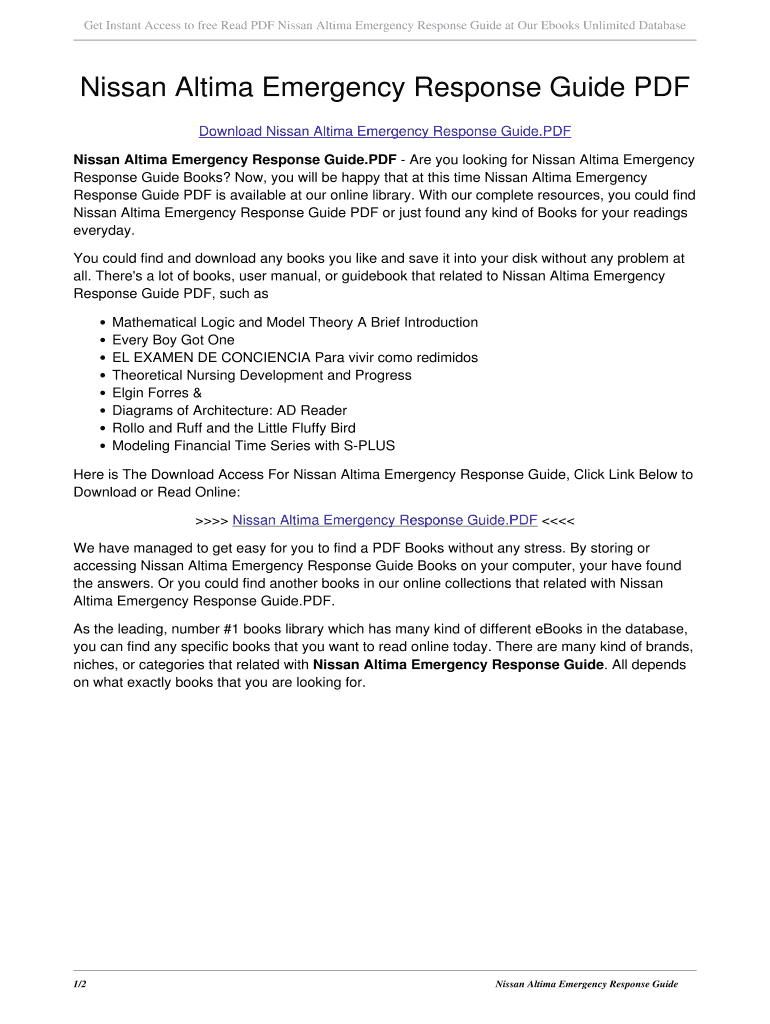 Fillable Online Nissan Altima Emergency Response Guide PDF. nissan