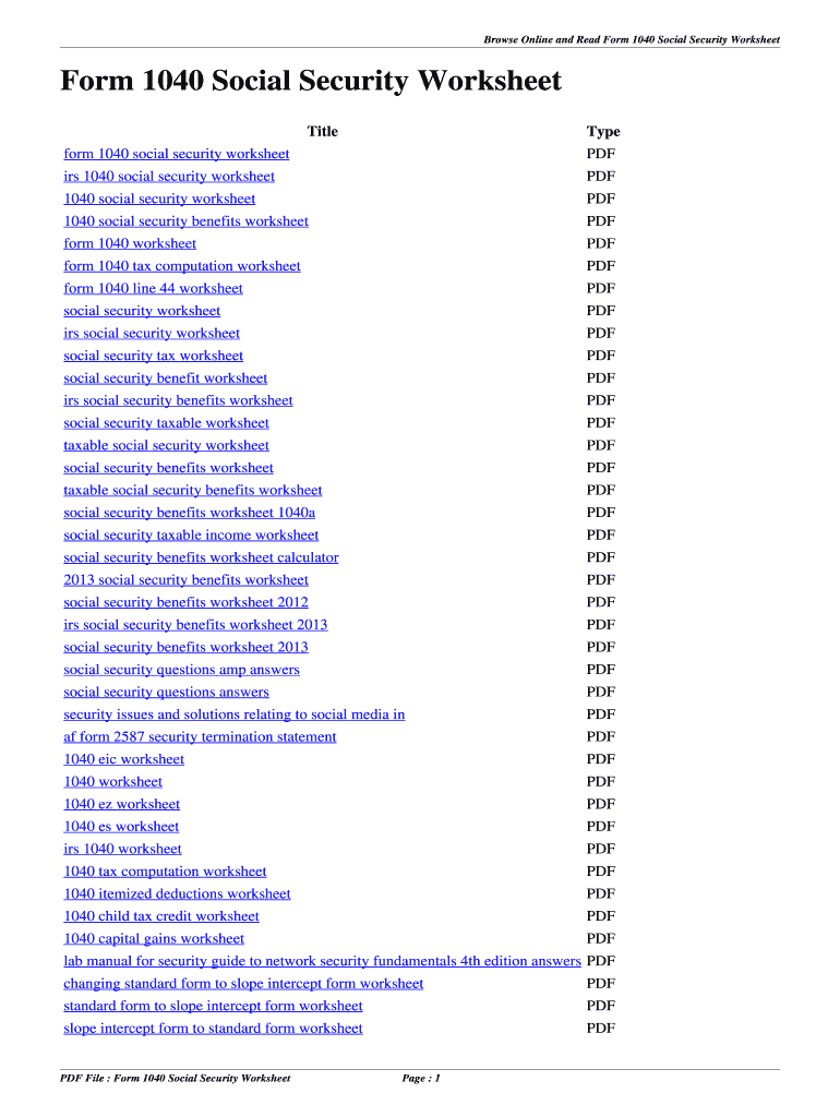 Fillable Online itby vinoocafe Form 1040 Social Security Worksheet