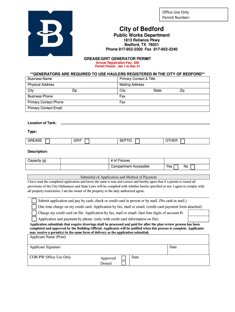 Fillable Online bedfordtx Grease Trap Permit F.. Fax Email Print pdfFiller