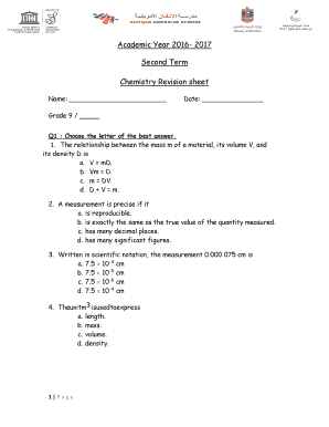 Academic Year 2016- 2017 Second Term Chemistry Revision sheet - aias