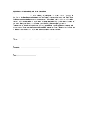 Fillable Online Agreement to Indemnify and Hold Harmless - digmypics ...