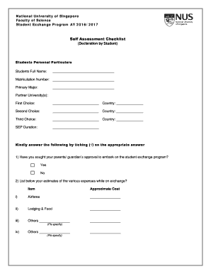 Self Assessment Checklist - Science - National University of Singapore - science nus edu