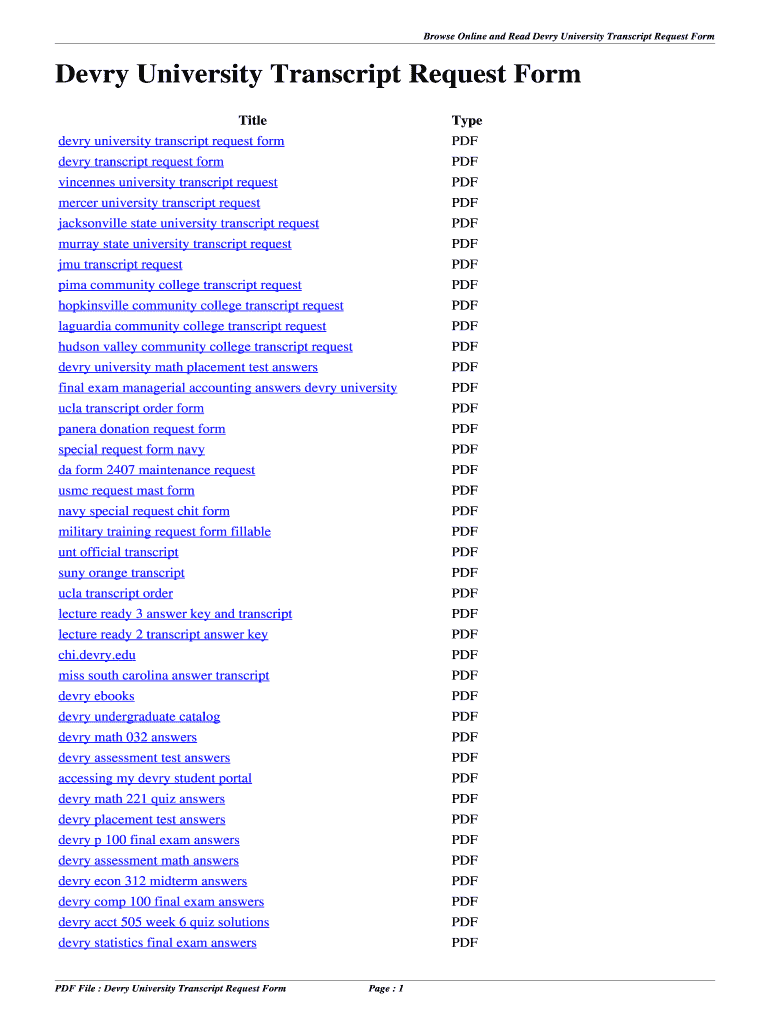 Fillable Online Devry University Transcript Request Form Devry Fillable online devry university transcript request form devry