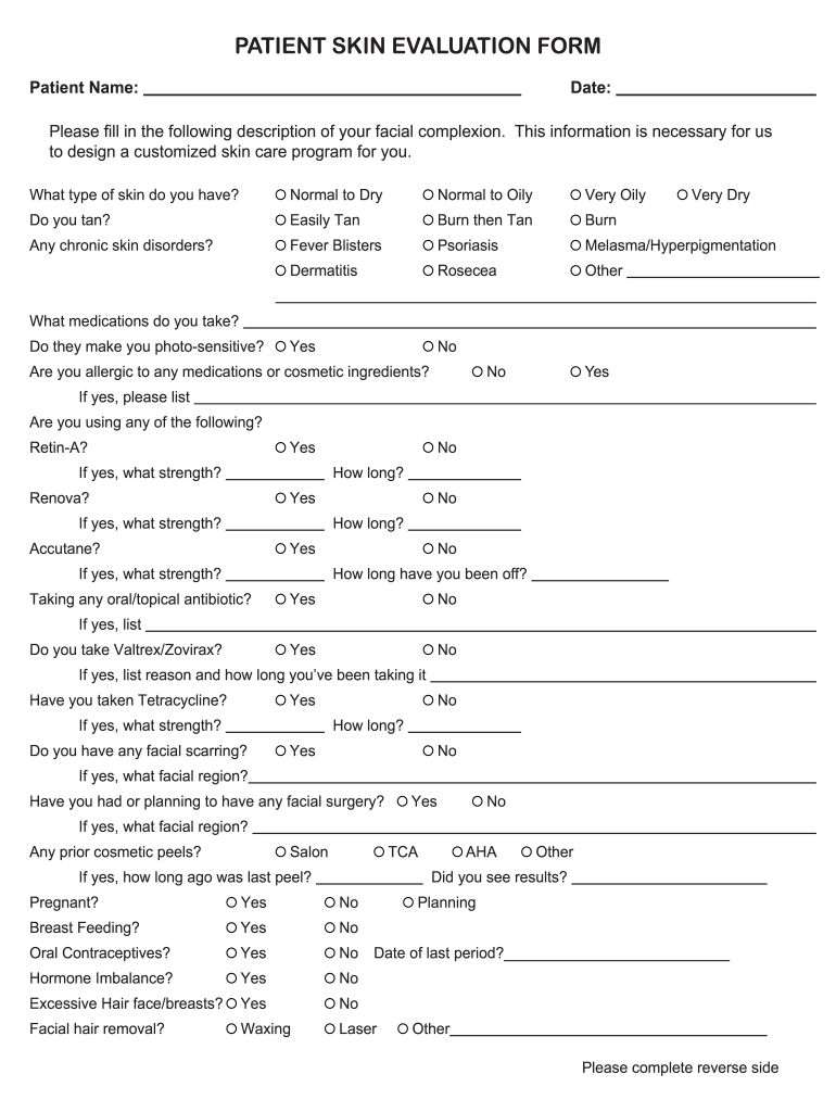 skin analysis form Preview on Page 1