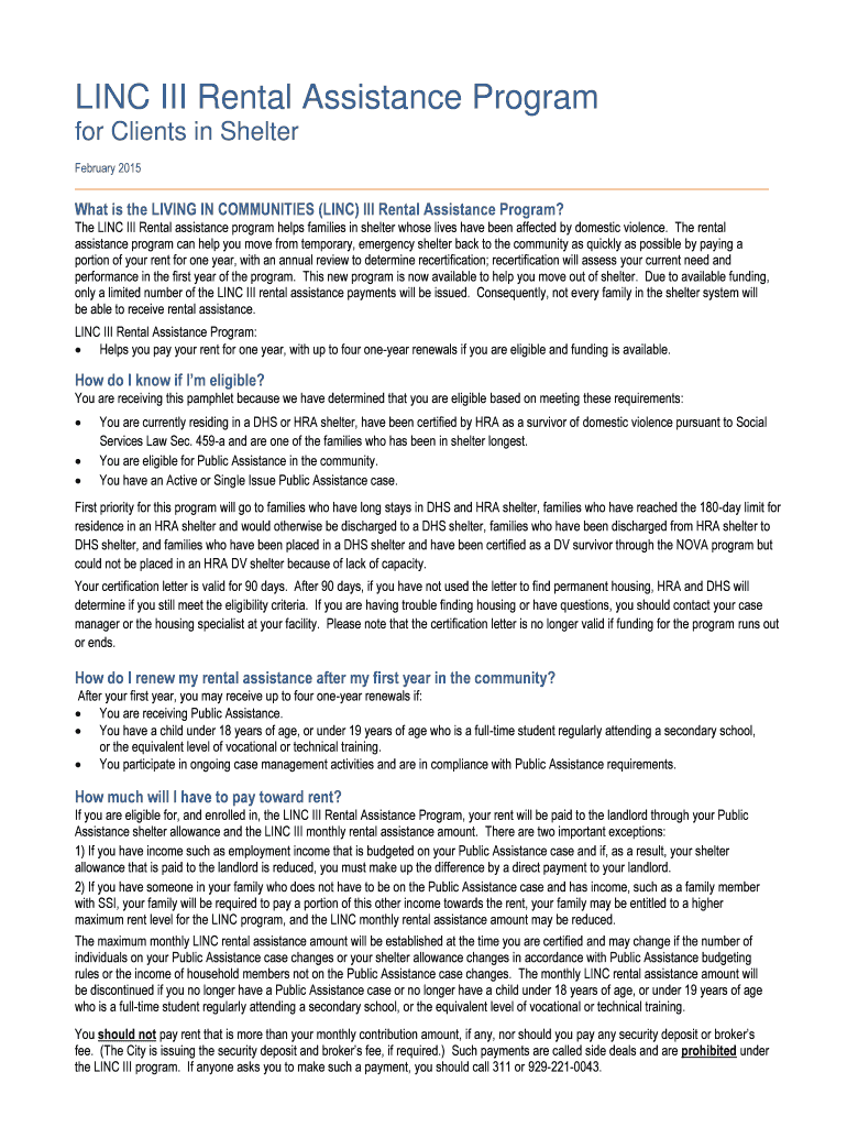Fillable Online LINC III Rental Assistance Program Fax Email Print