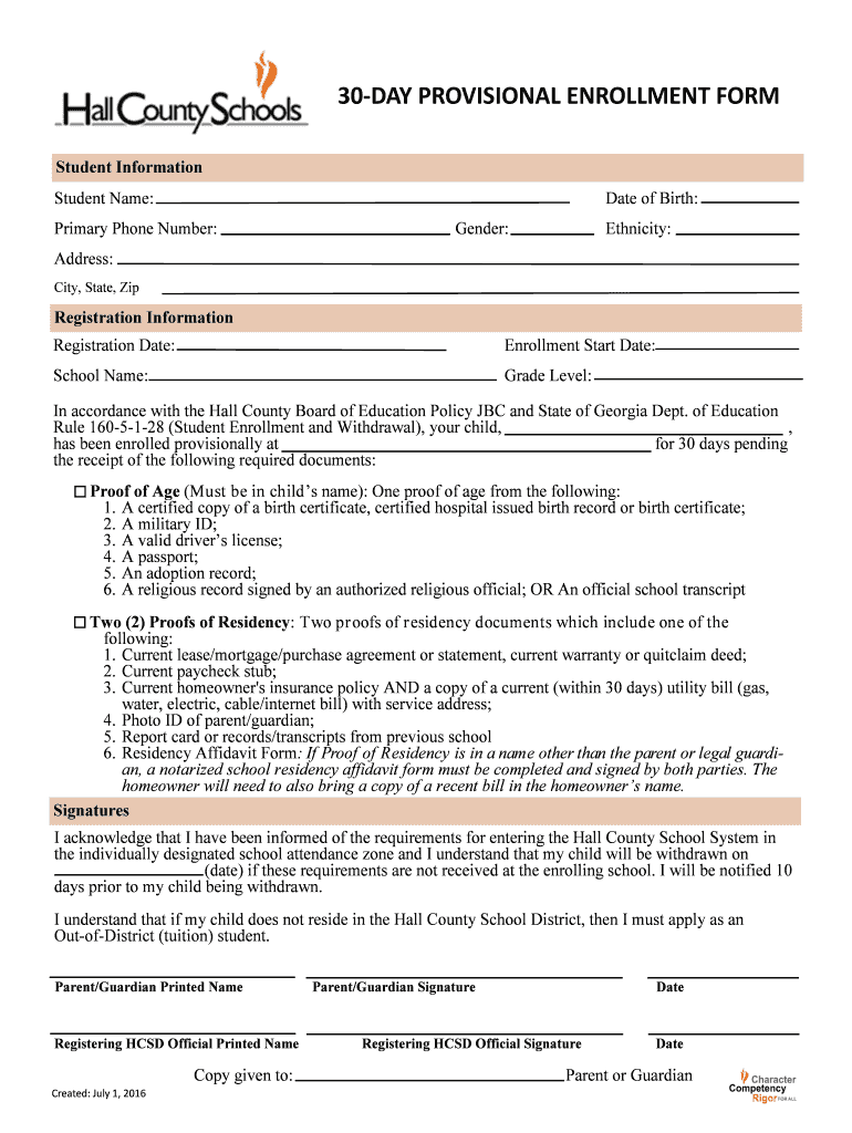 Fillable Online hallco 30day provisional enrollment form Hall County