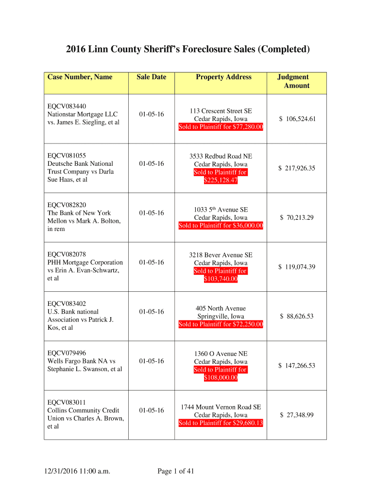 Fillable Online 2016 Linn County Sheriffs Foreclosure Sales