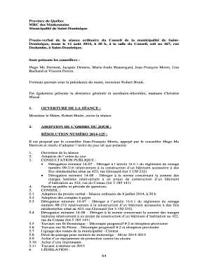 Remplissable Procs-verbal de la sance ordinaire du Conseil de la municipalit de SaintDominique, tenue le 12 aot 2014, 20 h, la salle du Conseil, soit au 467, rue