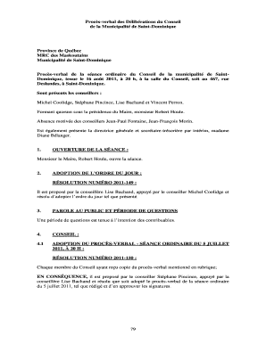 Remplissable Procs-verbal de la sance ordinaire du Conseil de la municipalit de SaintDominique, tenue le 16 aot 2011, 20 h, la salle du Conseil, soit au 467, rue