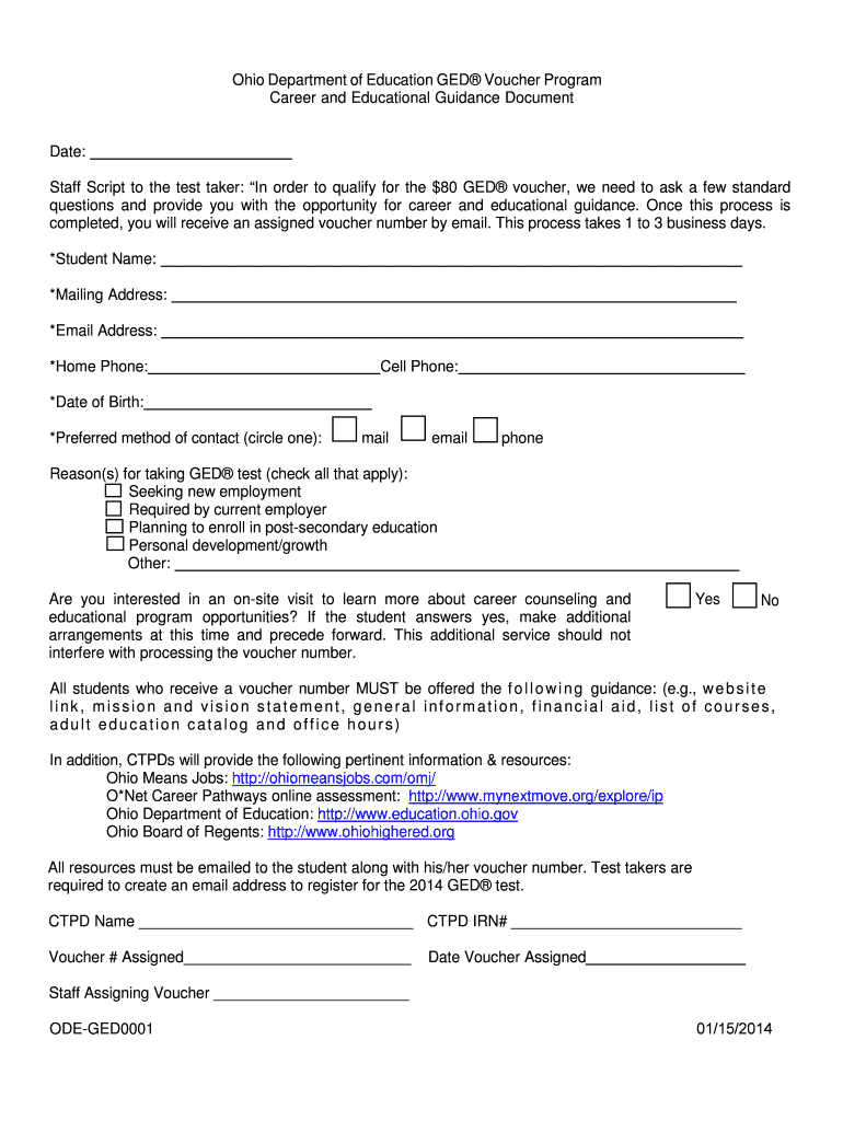 Fillable Online Ohio Department of Education GED Voucher Program Career