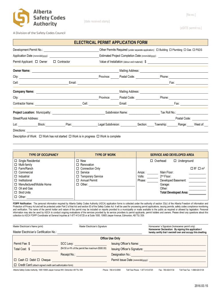 Fillable Online electrical permit application form Safety Codes