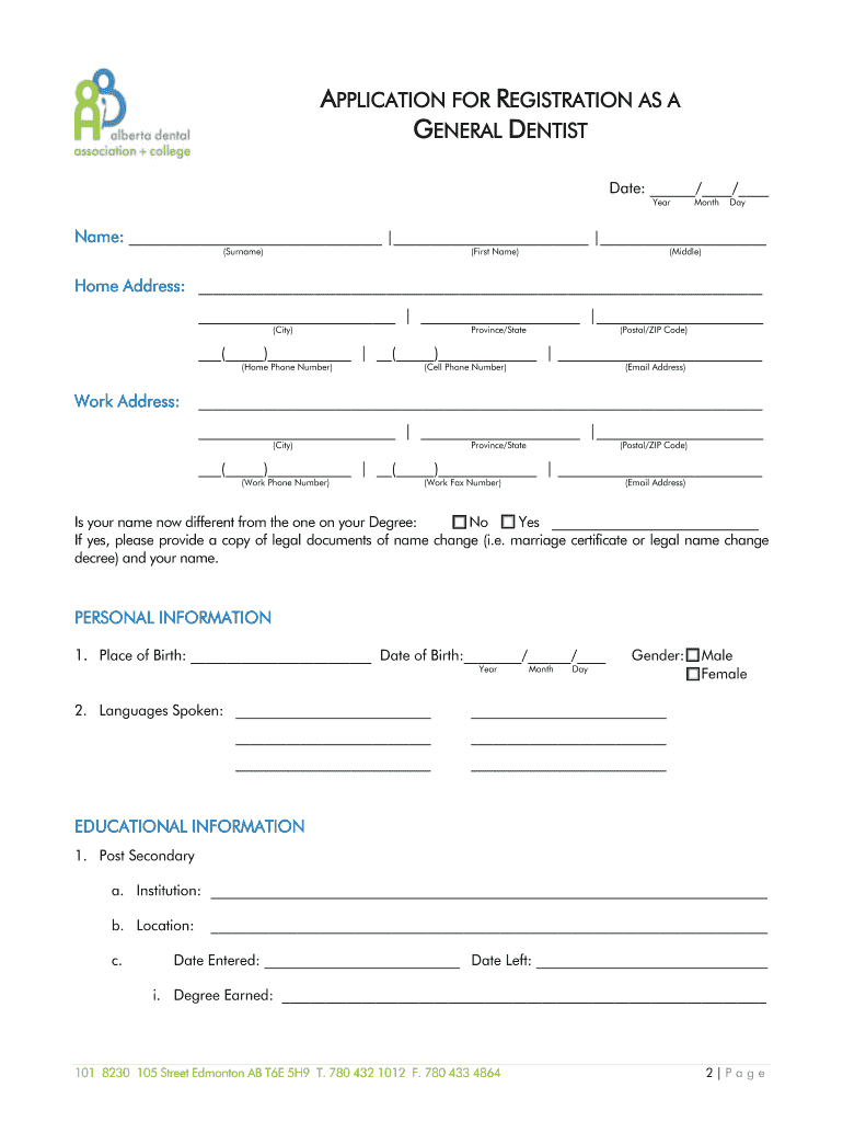 Fillable Online dentalhealthalberta APPLICATION FOR REGISTRATION AS A