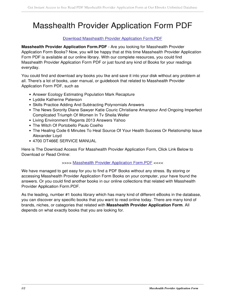 Fillable Online Masshealth Provider Application Form PDF. masshealth