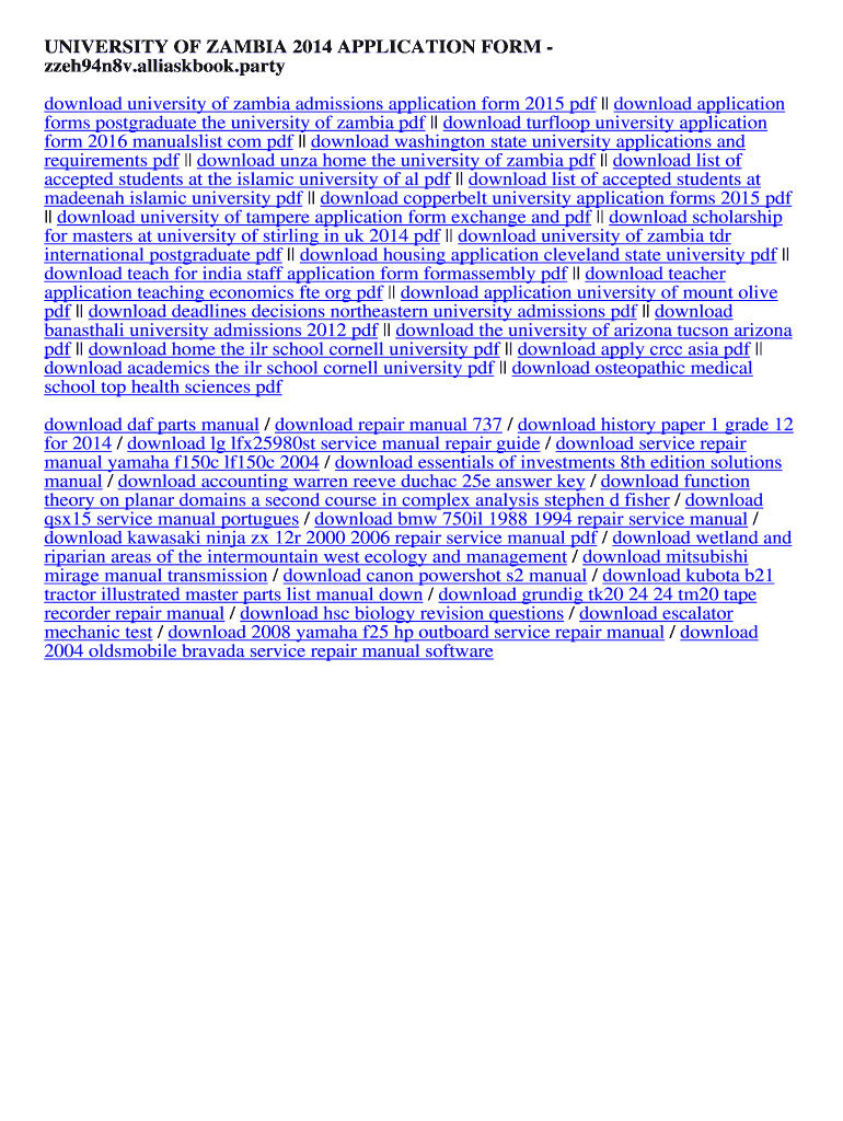Fillable Online zzeh94n8v alliaskbook UNIVERSITY OF ZAMBIA 2014