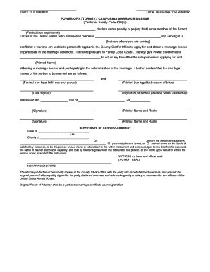 POWER OF ATTORNEY: CALIFORNIA MARRIAGE LICENSE