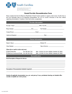 Fillable Online Dental Provider Reconsideration Form - BlueCross ...