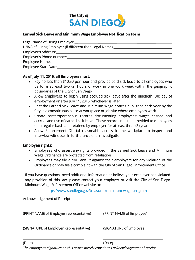 Fillable Online Sandiego Earned Sick Leave And Minimum Wage Employee 