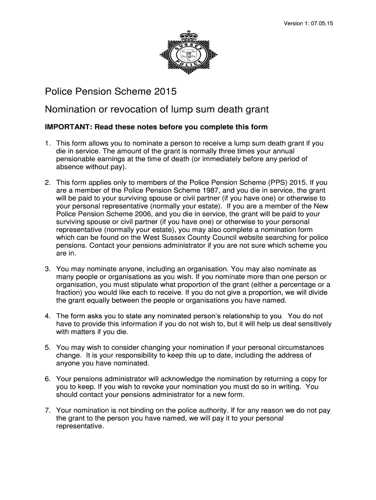 Fillable Online Police Pension Scheme Lump Sum Death Grant nomination