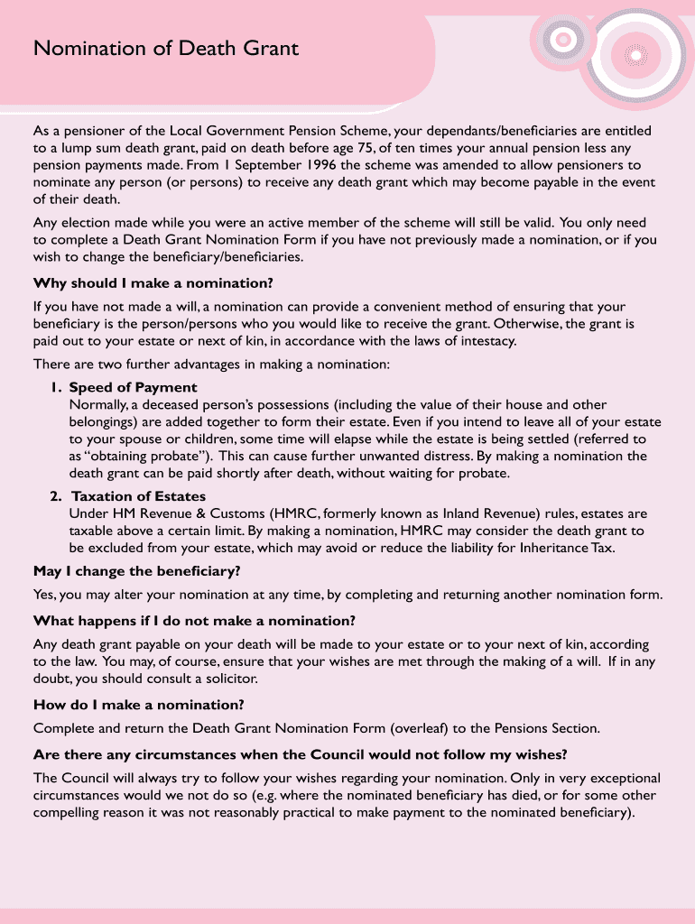 Fillable Online LGPS Pensioner Death Grant Nomination form Fax Email