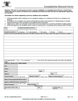 Complaints Record Form - Women's Health West - whwest org