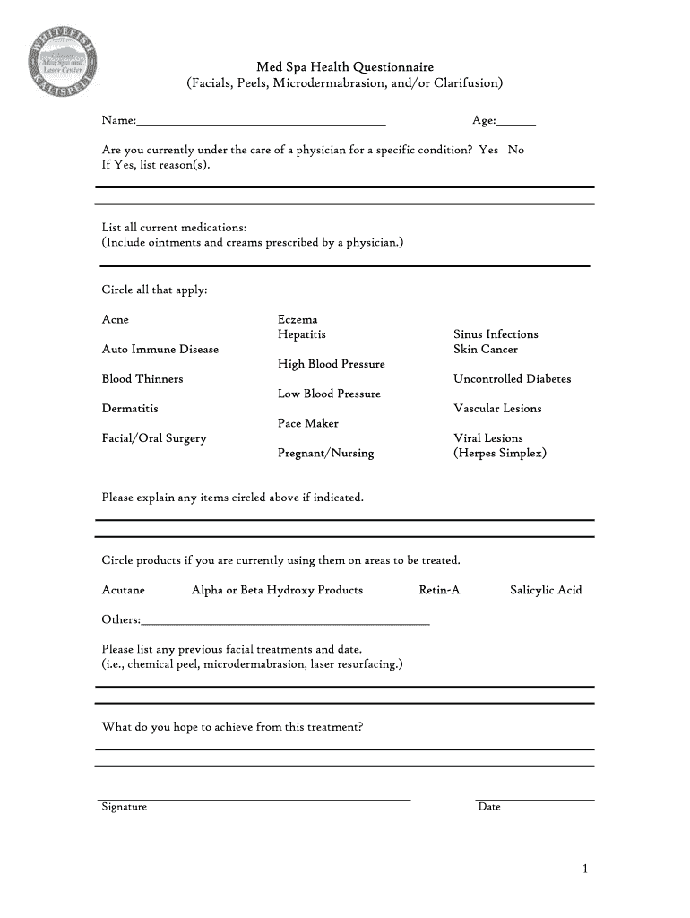 Fillable Online 1 Med Spa Health Questionnaire Glacier Med Spa and