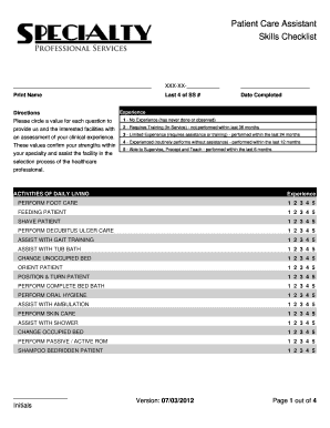 Fillable Online Patient Care Assistant Skills Checklist Fax Email Print Pdffiller Fillable Online Patient Care Assistant Skills Checklist Fax Email Print Pdffiller