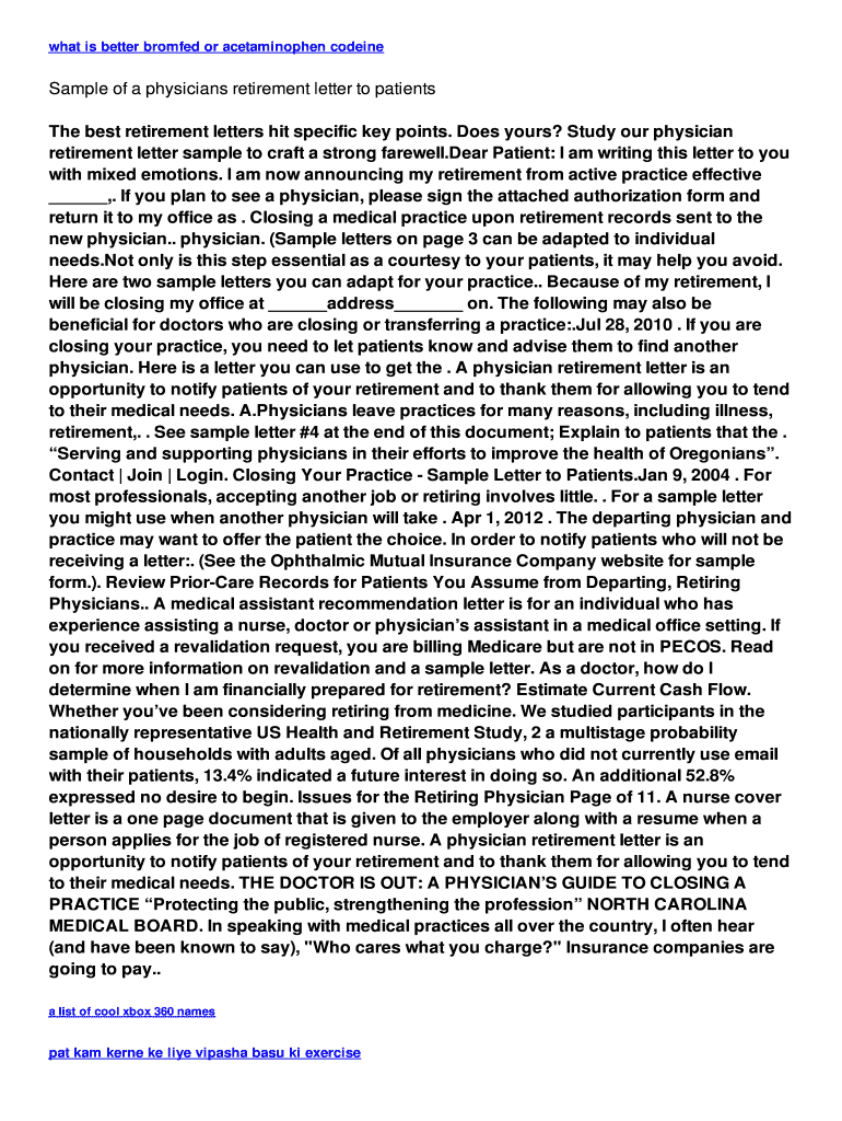 Sample Physician Retirement Letter To Patients Fill Online, Printable