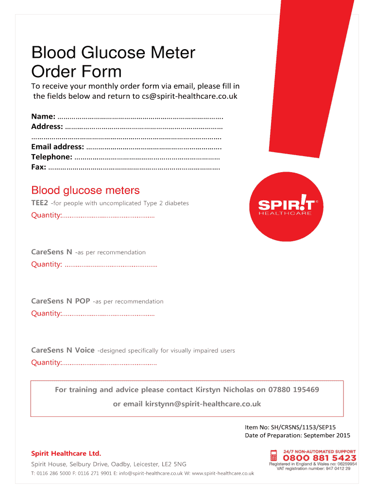 Fillable Online dudleyformulary nhs Blood Glucose Meter Order Form
