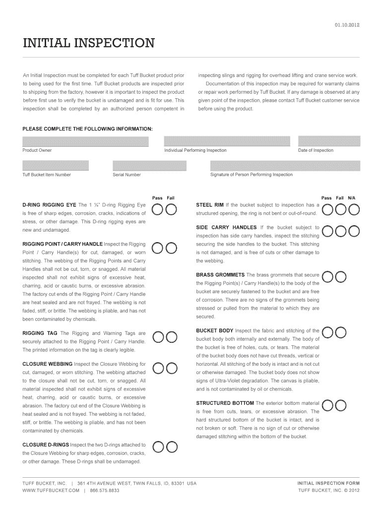 Fillable online initial inspection form tuff bucket fax email print