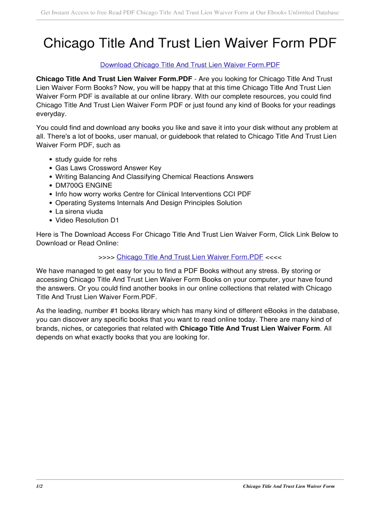 Fillable Online CHICAGO TITLE AND TRUST LIEN WAIVER FORM hol.es Fax