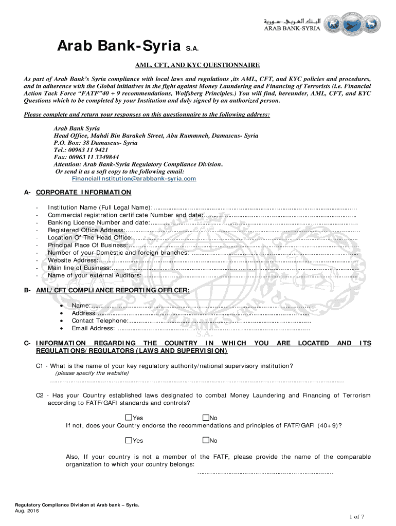 Fillable Online Arab Bank Group AML/CFT/KYC Questionnaire. AML/CFT/KYC ...