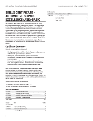 Fillable Online Skills Certificate - Automotive Service Excellence (ASE ...