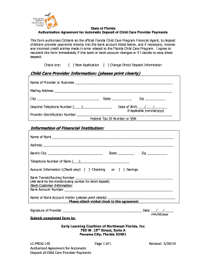 Authorization Agreement for Automatic Deposit of Child Care ...