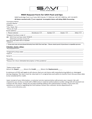 RMA Request Form for SAVI Pool and Spa