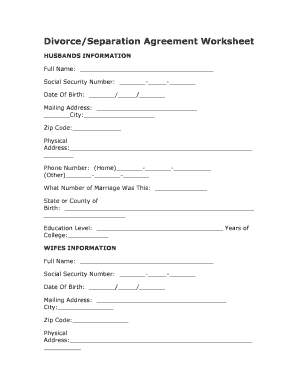 Fillable Online Divorce/Separation Agreement Worksheet T Shea Cook