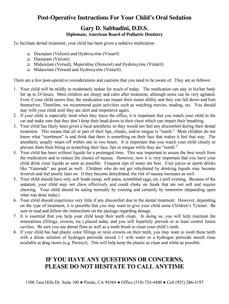 Fillable Online PostOperative Instructions For Your Childs Oral